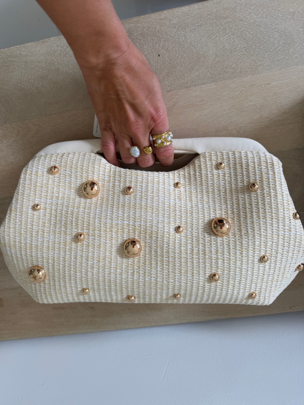 Woven Cream Clutch with Gold Stud Accents